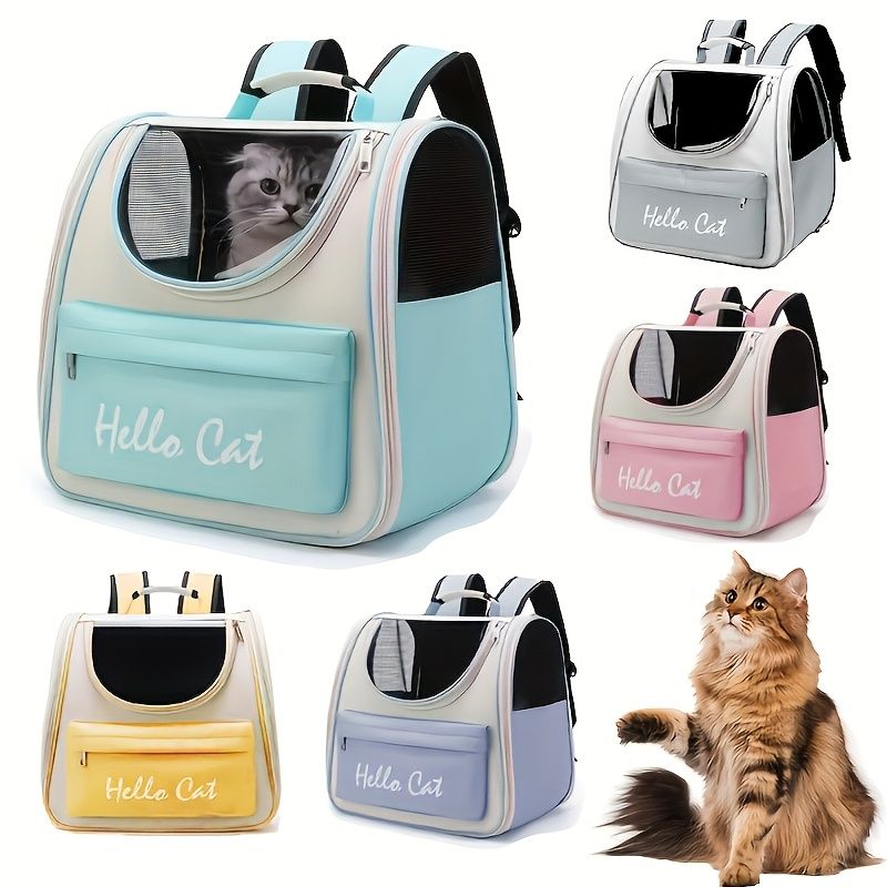 GREEN Hello Cat Nylon Pet Backpack, Large Capacity Foldable Travel Carrier with Zipper Closure, Easy Access for Cats and Small Dogs, Pet Travel Bag with Handle for Puppies and Kittens
