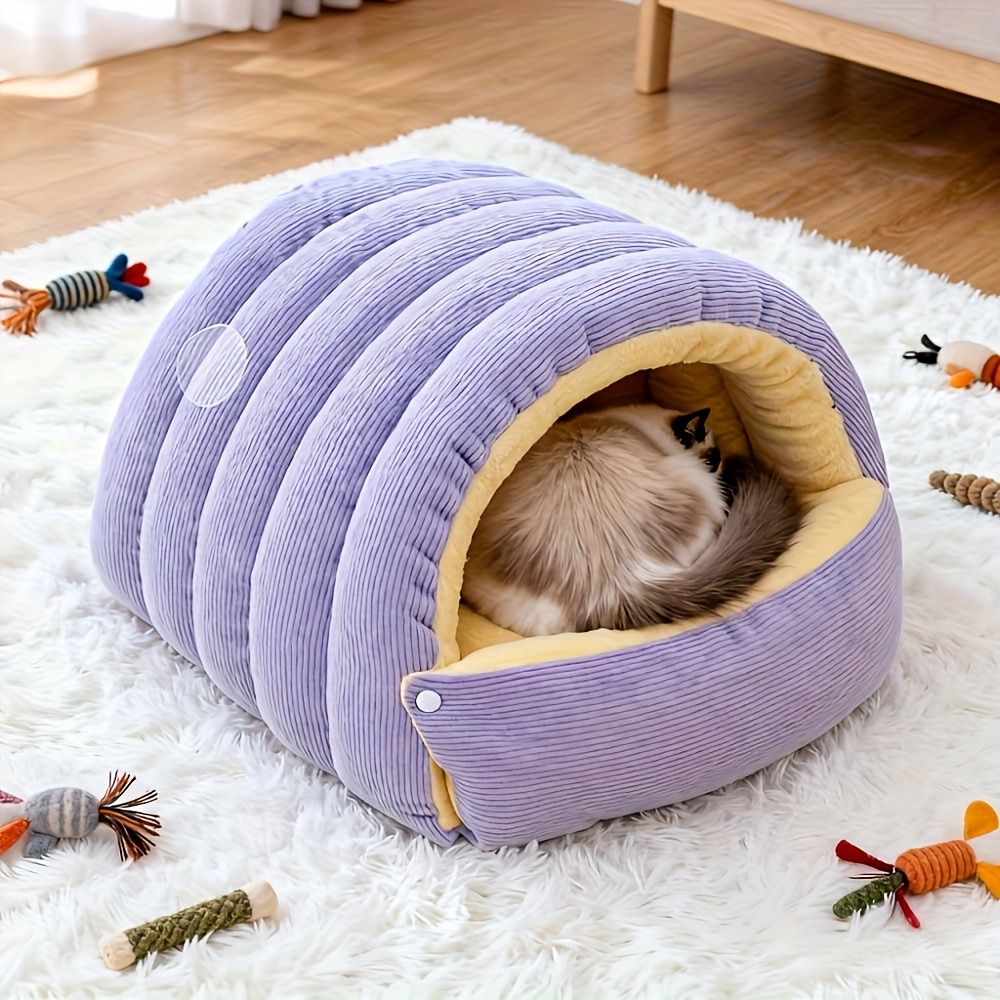 High-Elasticity Warm Cat Bed: 57×37×28cm Wrapped Design, Striped Fleece + Arctic Fleece Heat Retention, Removable & Washable（light GREEN）