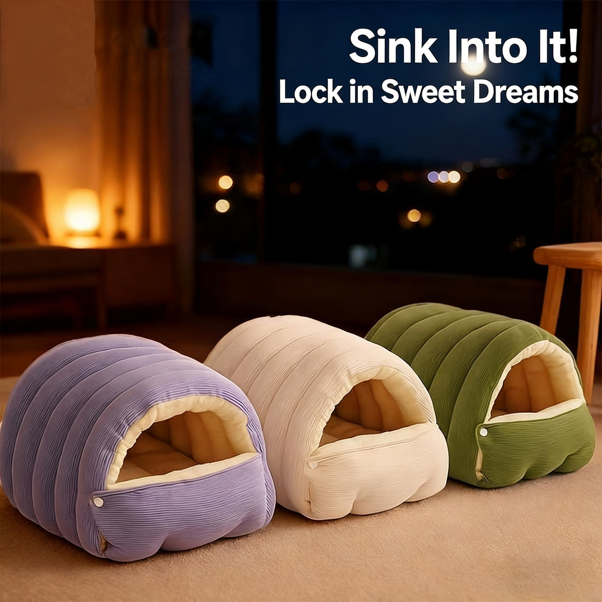 High-Elasticity Warm Cat Bed: 45×30×19cm Wrapped Design, Striped Fleece + Arctic Fleece Heat Retention, Removable & Washable（light purple）