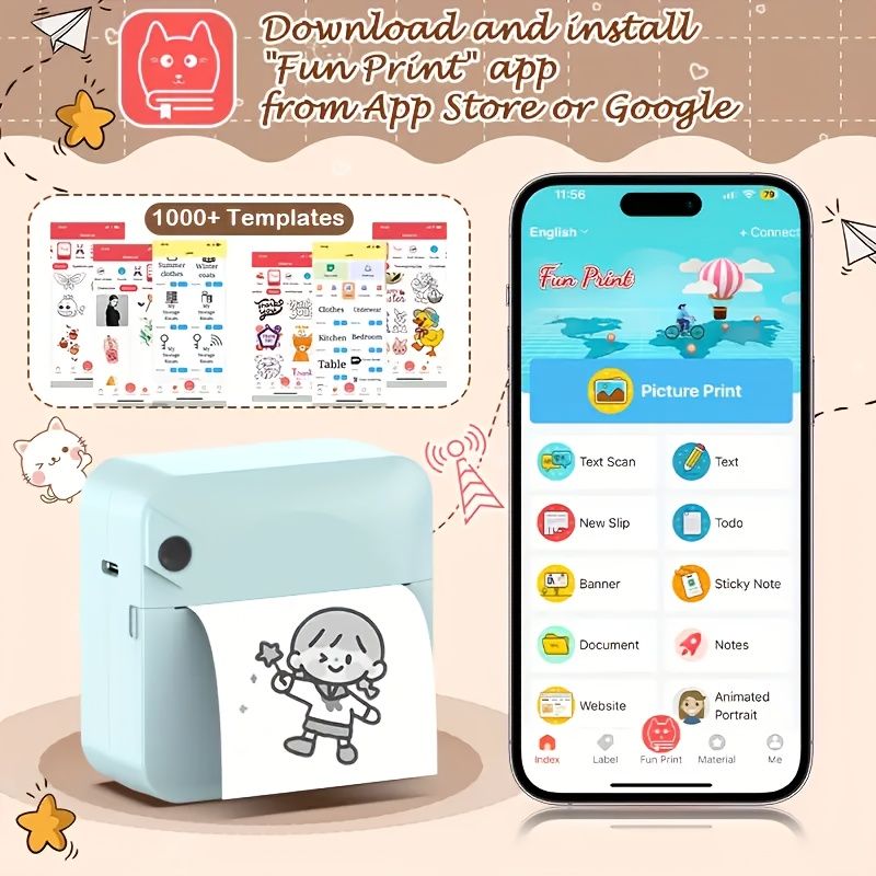 (White）Inkless Sticker Printer Mini Thermal Printer with Roll Thermal Paper, Wireless Pocket Printer, Smart Portable Receipt Printer for Photos, Diaries, Notes, and Preparation Work.