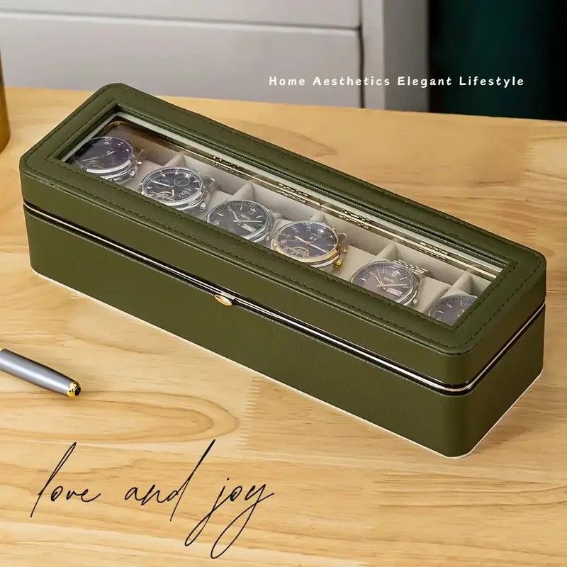 Luxury transparent-lid watch box with 6 fabric-lined compartments, portable and shockproof design, suitable for both men and women. Ideal for home, travel, or gifting—a refined storage solution for fine watches and jewelry. (Green)
