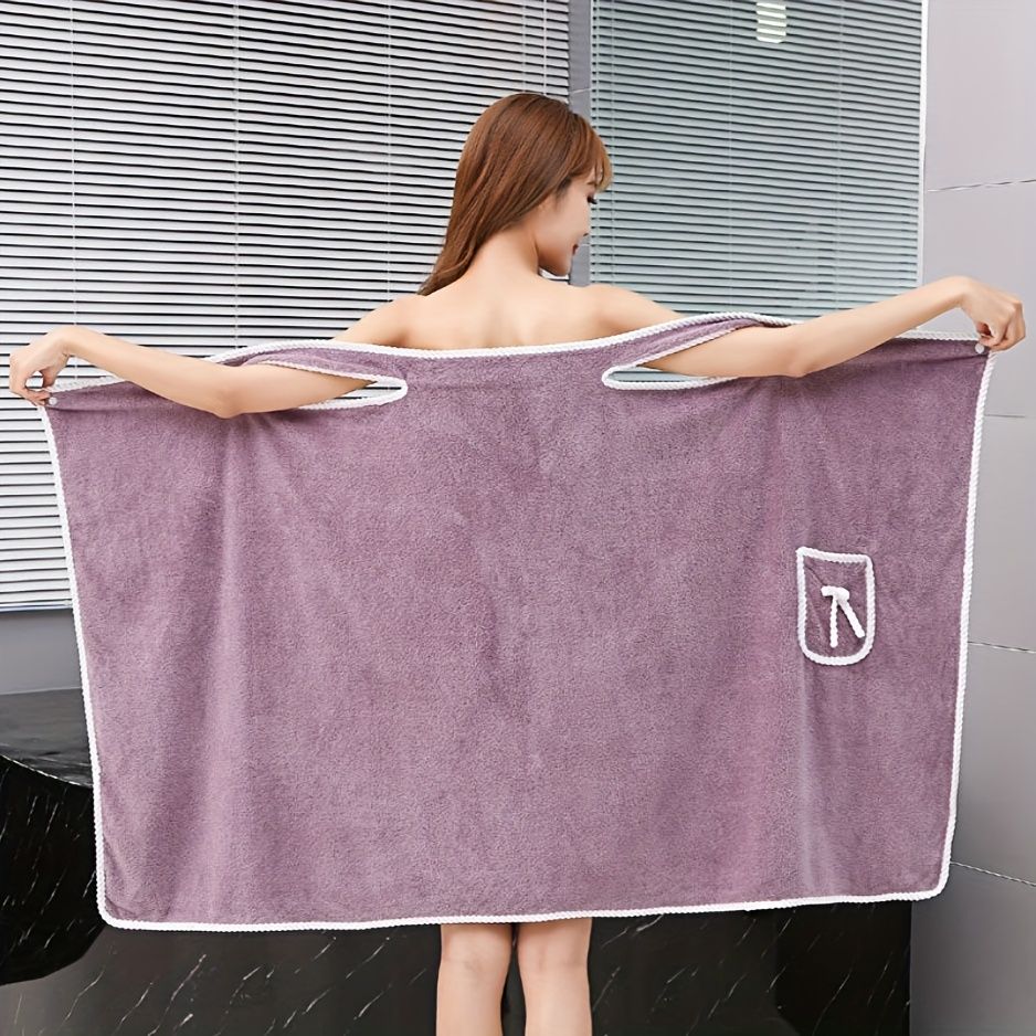 1-Piece Bath Towel with Pocket, Wearable Bath Towel, Bathroom Shower Supply, Can be Used as Robe, Nightgown, Sexy Strap Dress, Blanket, Indoor/Outdoor Fitness Sauna Shawl, Easy to Carry, Machine Washable（Purple）
