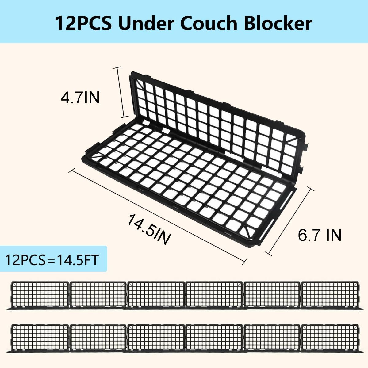 12 PCS Under Couch Blocker for Bed Furniture, Adjustable Plastic Under Bed Blocker for Dogs Pets Cats, Couch Blocker Stop Small Items Getting Under Bed with 100 Ties Black Couch Barriers - Black - Size 12 PCS