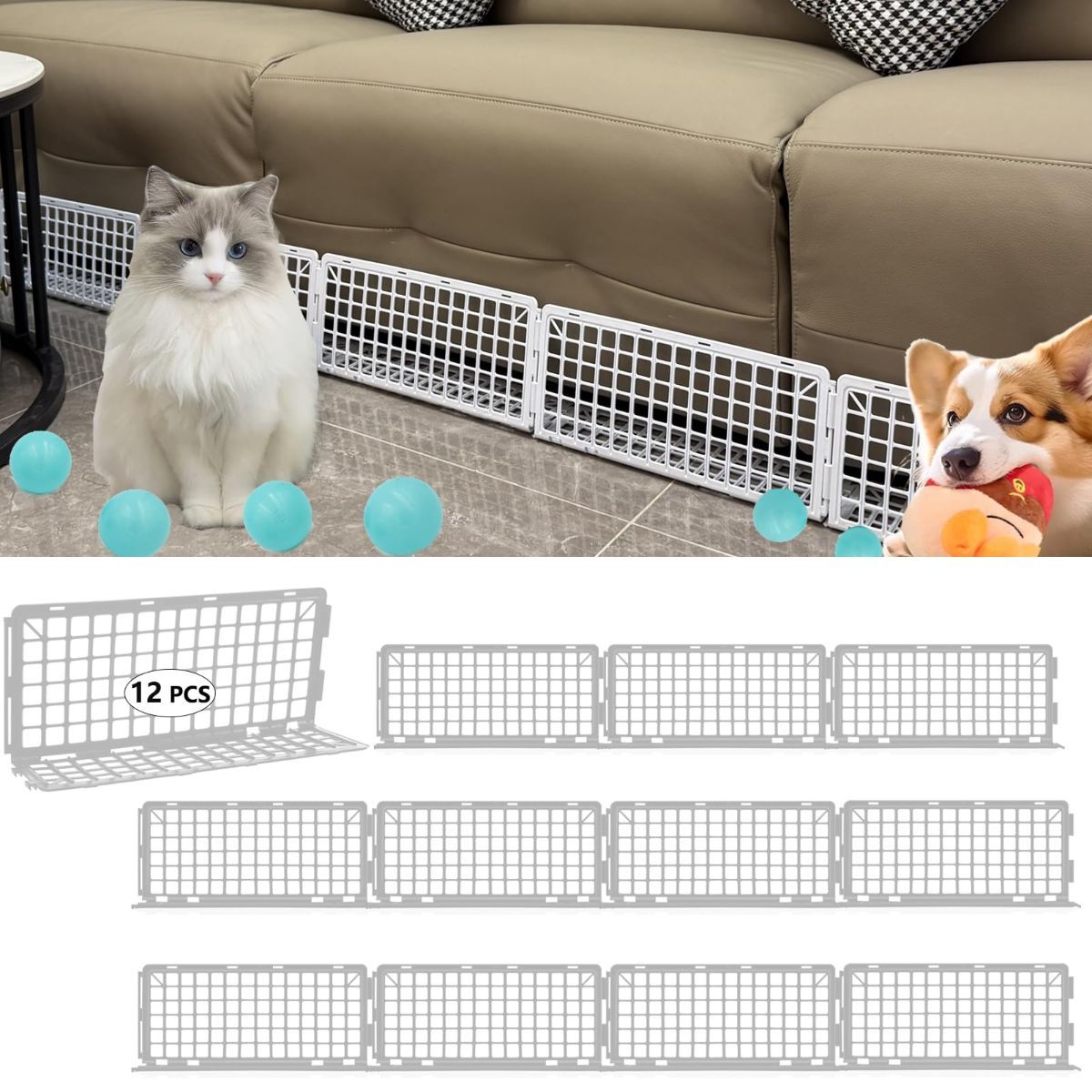12 PCS Under Couch Blocker for Bed Furniture, Adjustable Plastic Under Bed Blocker for Dogs Pets Cats, Couch Blocker Stop Small Items Getting Under Bed with 100 Ties Black Couch Barriers - Black - Size 12 PCS