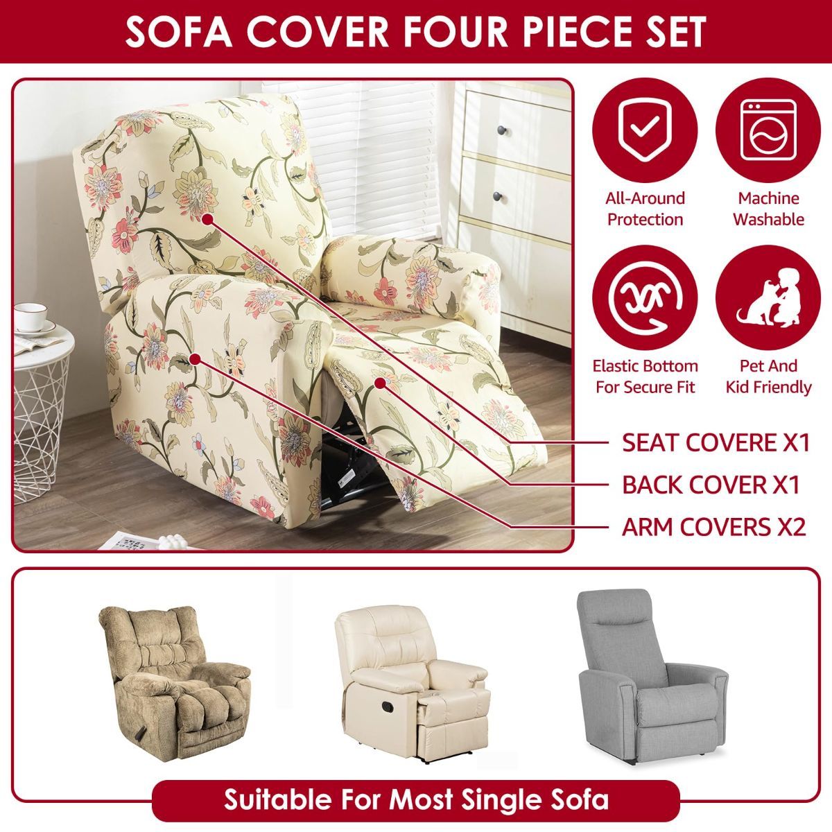 Recliner Cover Anti Scratch Lazy Recliner Chair Cover Protective Stretching Printed Reclining Chair Cover Sofa Slipcovers Convenient Elastic Reclining Chair Slipcover for Home - Sky Blue - Size Two-seater