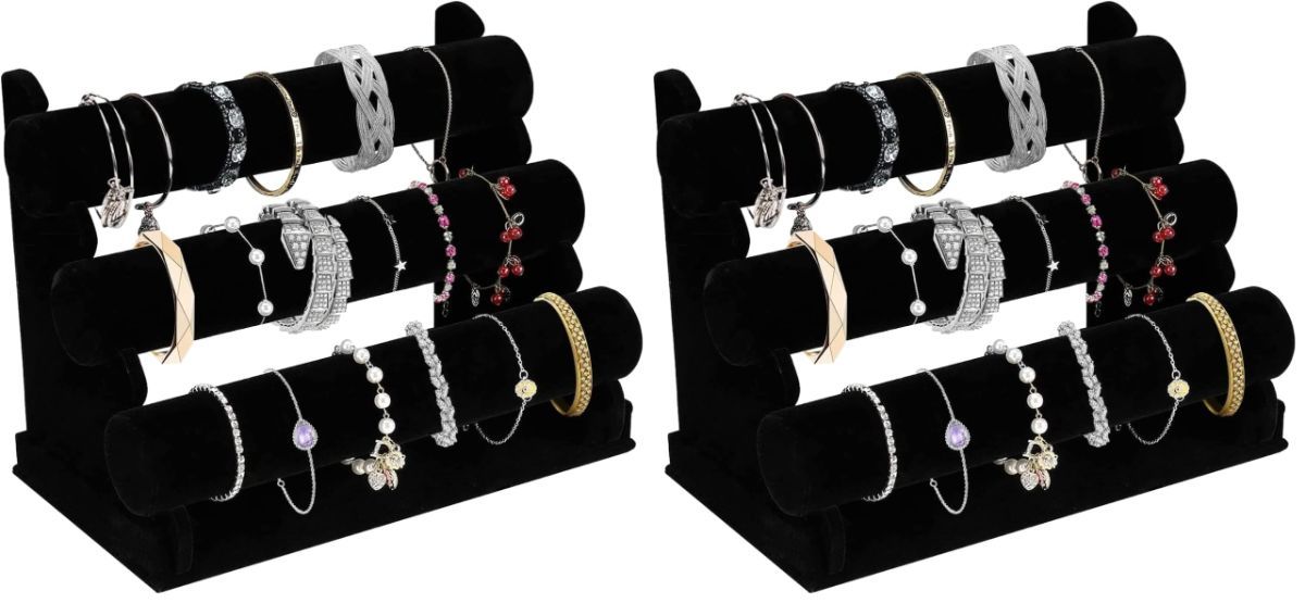 2Pack Velvet Bracelet Holder with 3 Tier Rack, Black Detachable Jewelry Display Stand T-Bar Necklace Storage Organizer for Bangles Watch Bracelets Scrunchies Organization Showcase - Black - Size 2Pack