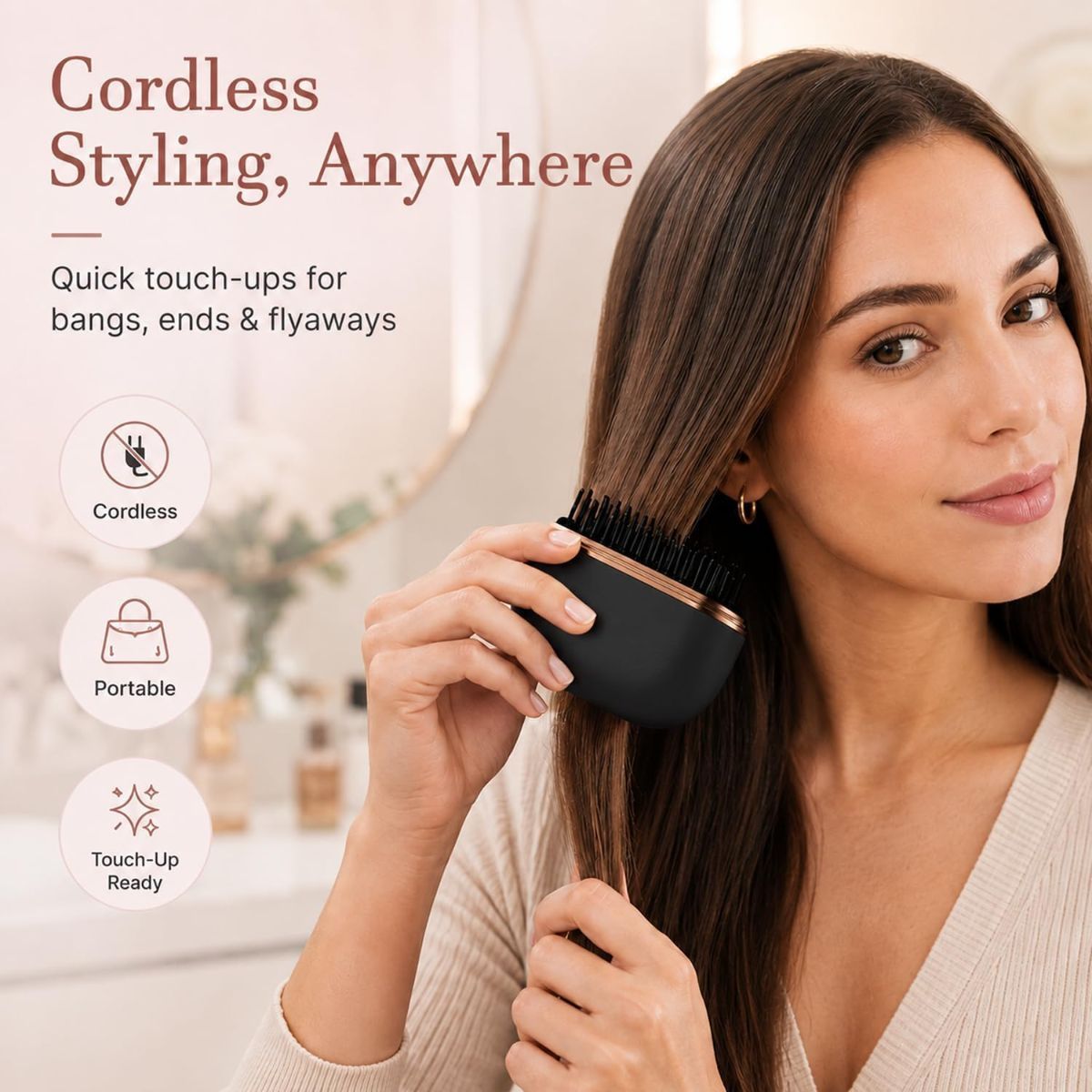 Mini Cordless Hair Straightener Brush, Adjustable Heat Hot Comb Portable Styling Tool for Quick Touch-Ups, Bangs, Short Hair, and Travel; Compact Design Fits Purses and Luggage - Black - Size 3.46in