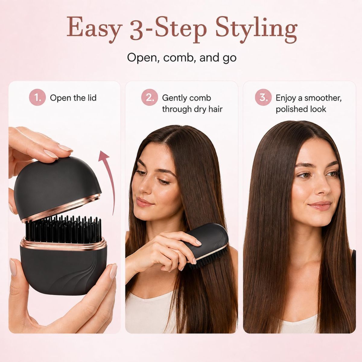 Mini Cordless Hair Straightener Brush, Adjustable Heat Hot Comb Portable Styling Tool for Quick Touch-Ups, Bangs, Short Hair, and Travel; Compact Design Fits Purses and Luggage - Black - Size 3.46in