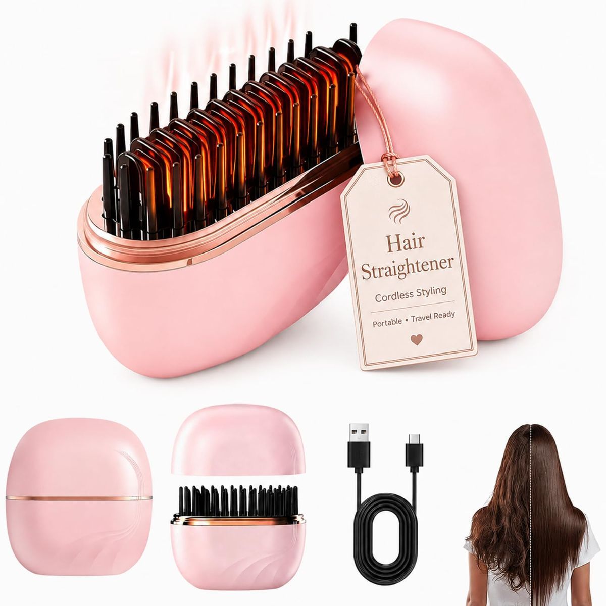 Mini Cordless Hair Straightener Brush, Adjustable Heat Hot Comb Portable Styling Tool for Quick Touch-Ups, Bangs, Short Hair, and Travel; Compact Design Fits Purses and Luggage - Pink - Size 3.46in