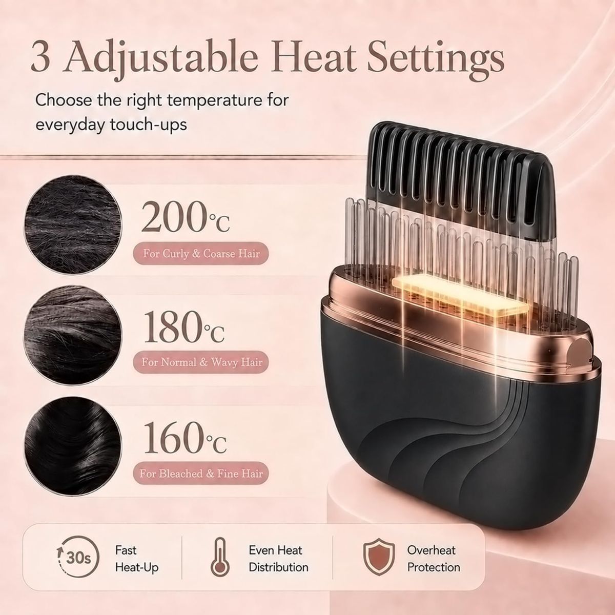 Mini Cordless Hair Straightener Brush, Adjustable Heat Hot Comb Portable Styling Tool for Quick Touch-Ups, Bangs, Short Hair, and Travel; Compact Design Fits Purses and Luggage - Pink - Size 3.46in
