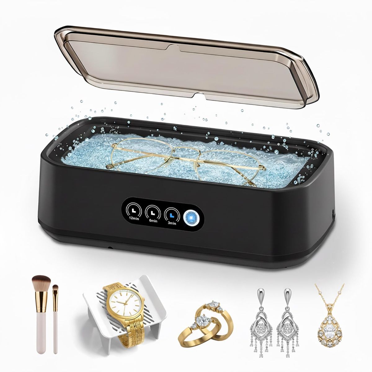 49khz 650ML(22oz) Capacity Ultrasonic Jewelry Cleaner, 3 Cleaning Modes Ultrasonic Cleaner Machine,304 Stainless Steel Tank for Glasses,Rings,Watch Strap,Dentures,Coins - Black - Size 8.86” x 3.93” x 2.95”