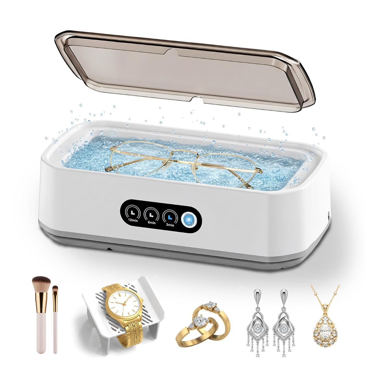 49khz 650ML(22oz) Capacity Ultrasonic Jewelry Cleaner, 3 Cleaning Modes Ultrasonic Cleaner Machine,304 Stainless Steel Tank for Glasses,Rings,Watch Strap,Dentures,Coins - Black - Size 8.86” x 3.93” x 2.95”