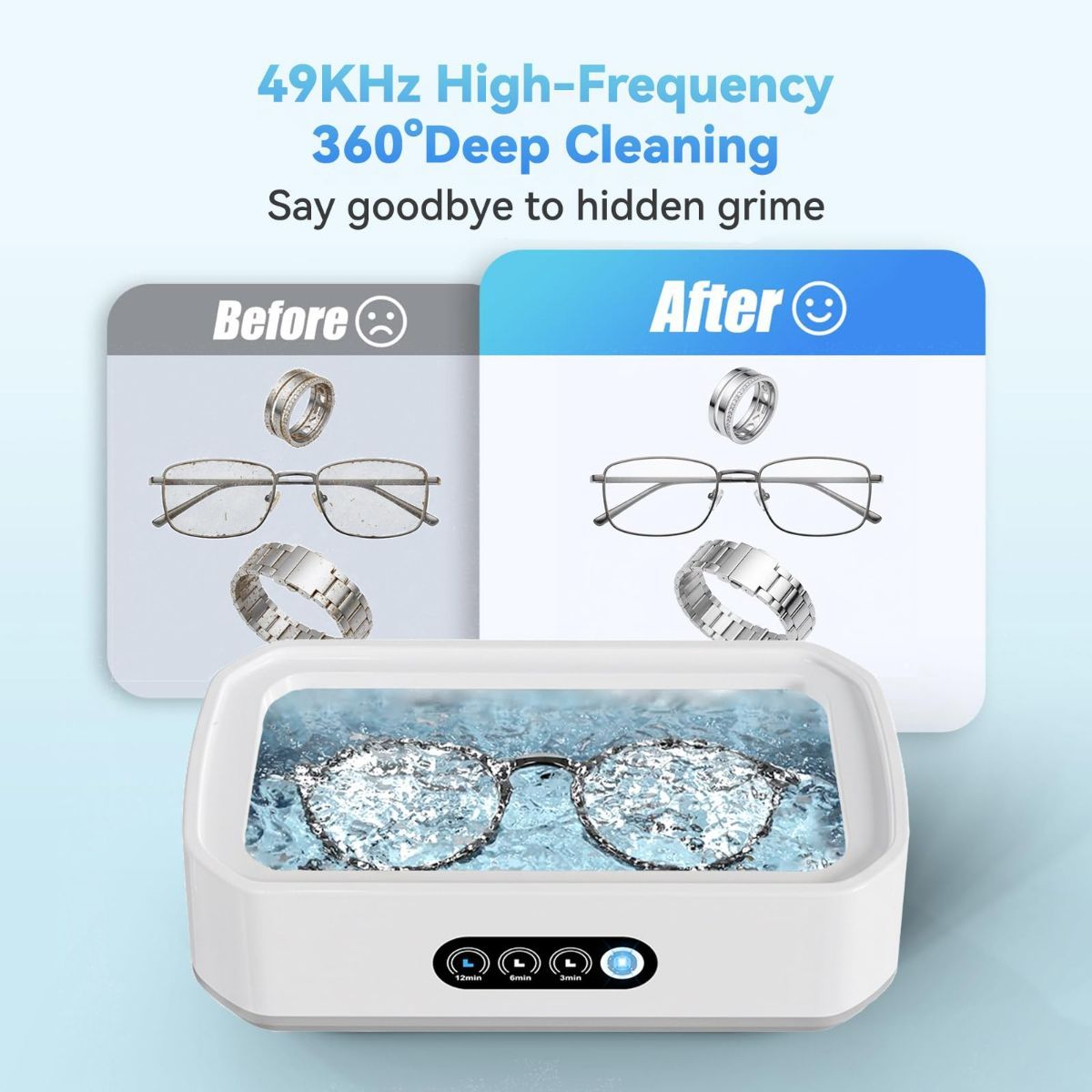 49khz 650ML(22oz) Capacity Ultrasonic Jewelry Cleaner, 3 Cleaning Modes Ultrasonic Cleaner Machine,304 Stainless Steel Tank for Glasses,Rings,Watch Strap,Dentures,Coins - White - Size 8.86” x 3.93” x 2.95”