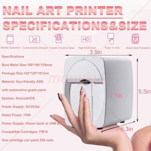 Nail Printer Nail Art Printer Machine Kit-Impresora De UñAs Pro,3D Fingernail Printer Machine for Salon&Home-WiFi/DIY Design| Pg4 Gel,Fm10 Ink, Base/Cleaning Glue - Pink - Size Nail art machine