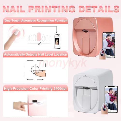 Nail Printer Nail Art Printer Machine Kit-Impresora De UñAs Pro,3D Fingernail Printer Machine for Salon&Home-WiFi/DIY Design| Pg4 Gel,Fm10 Ink, Base/Cleaning Glue - Pink - Size Nail art machine