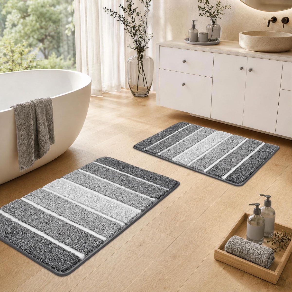 Bathroom Rugs,Ultra Soft Absorbent Bath Mat,Beige | Non-Slip TPR Backing Stays in Place, Machine Washable Bath Rugs Shaggy Rug for Bathroom Floor - Grey and White - Size 50cm*80cm