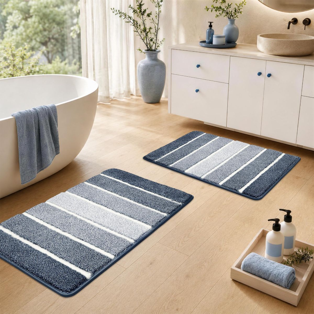 Bathroom Rugs,Ultra Soft Absorbent Bath Mat,Beige | Non-Slip TPR Backing Stays in Place, Machine Washable Bath Rugs Shaggy Rug for Bathroom Floor - Dark Blue and White - Size 60cm*90cm