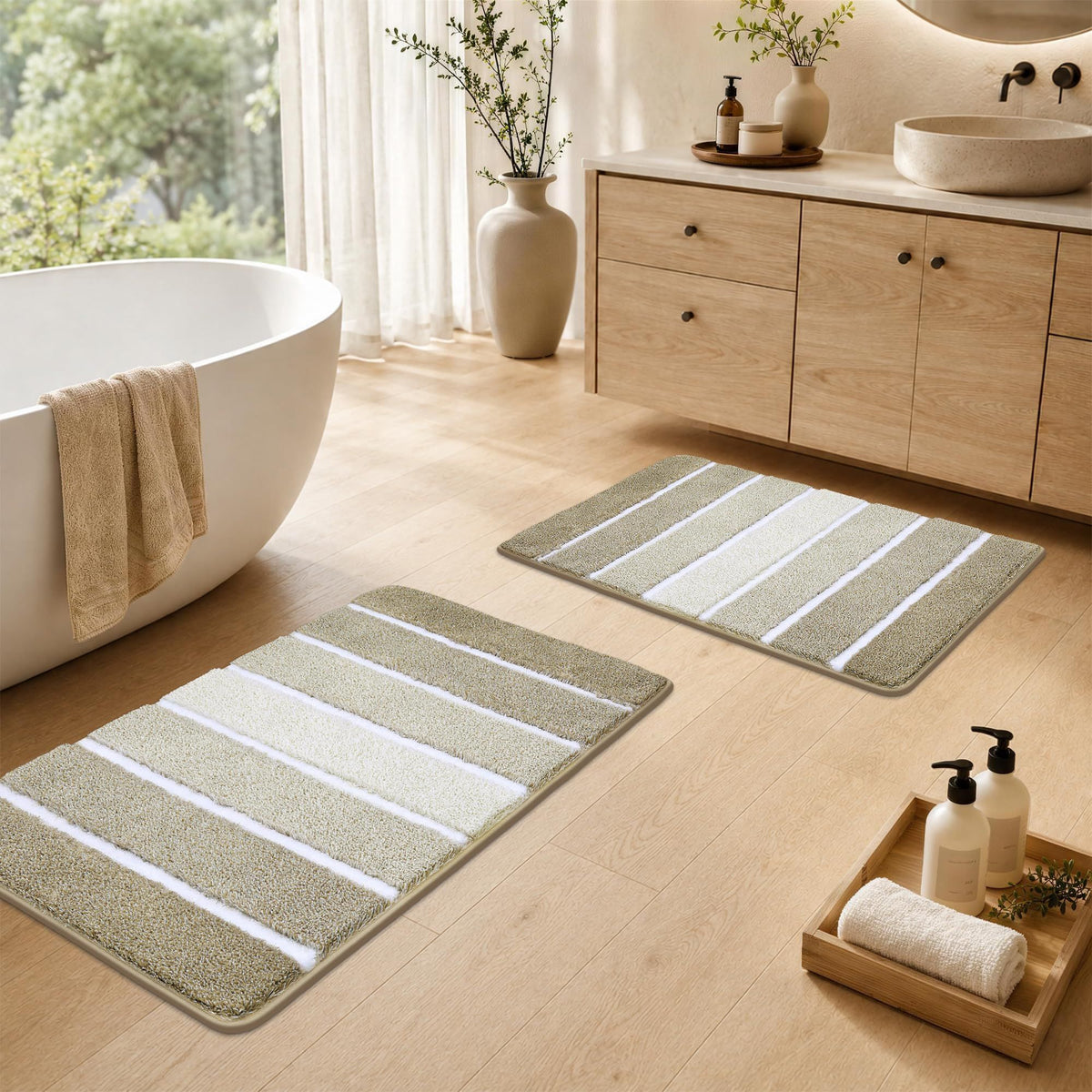 Bathroom Rugs,Ultra Soft Absorbent Bath Mat,Beige | Non-Slip TPR Backing Stays in Place, Machine Washable Bath Rugs Shaggy Rug for Bathroom Floor - Beige and White - Size 50cm*80cm