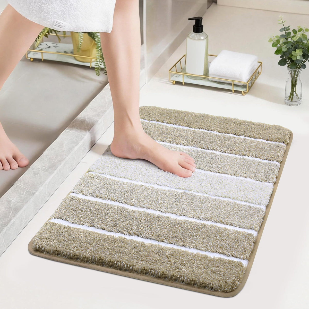Bathroom Rugs,Ultra Soft Absorbent Bath Mat,Beige | Non-Slip TPR Backing Stays in Place, Machine Washable Bath Rugs Shaggy Rug for Bathroom Floor - Beige and White - Size 60cm*90cm