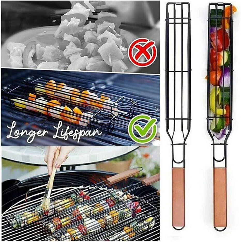 4 Pack BBQ Grill Basket for Home Foldable Non-Stick Barbecue Grill with Wooden Handle Powder Coated Stainless Steel Mesh Tandoori Chicken & Vegetable Griller Portable Outdoor Barbeque Tool for