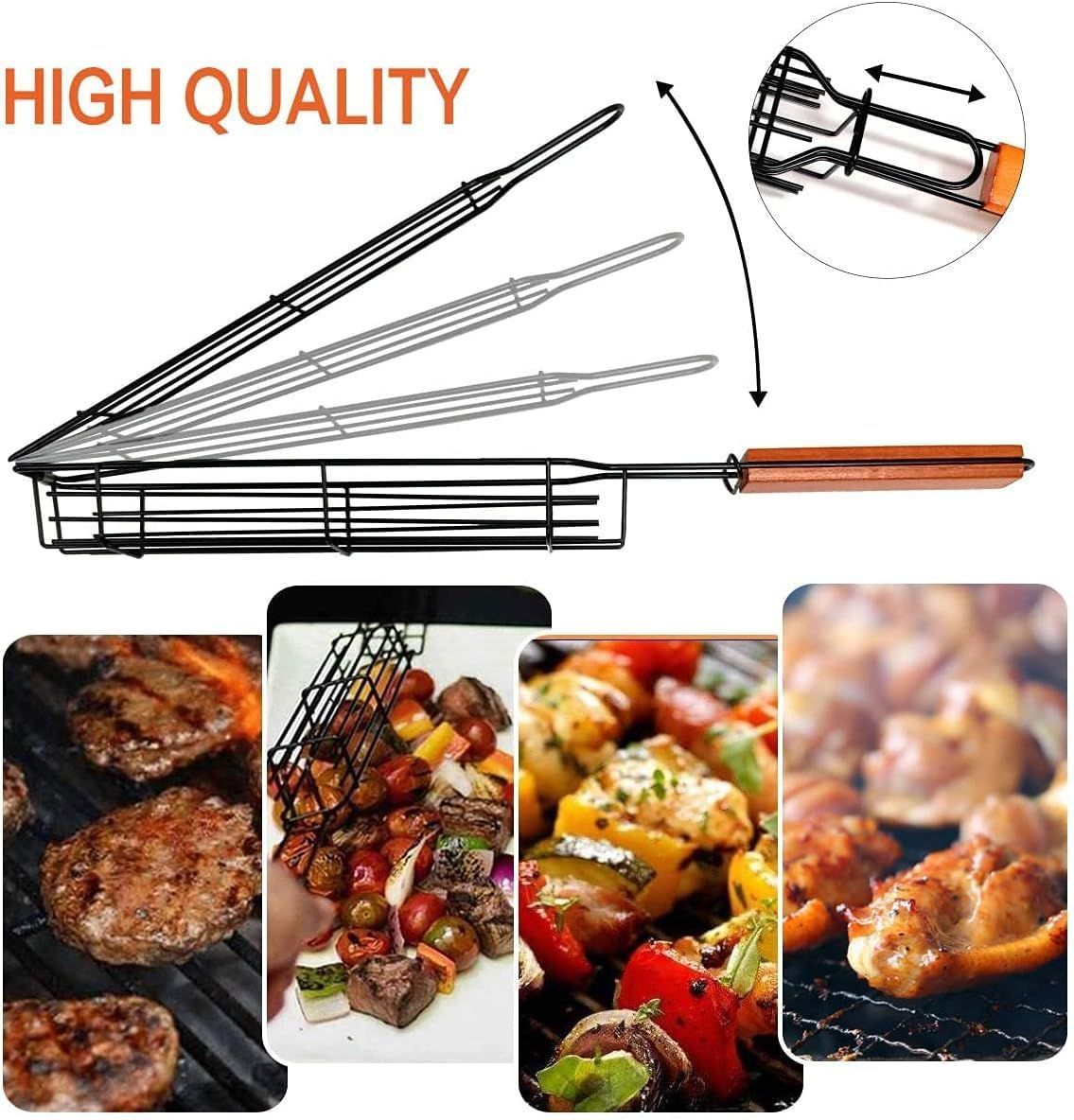 4 Pack BBQ Grill Basket for Home Foldable Non-Stick Barbecue Grill with Wooden Handle Powder Coated Stainless Steel Mesh Tandoori Chicken & Vegetable Griller Portable Outdoor Barbeque Tool for