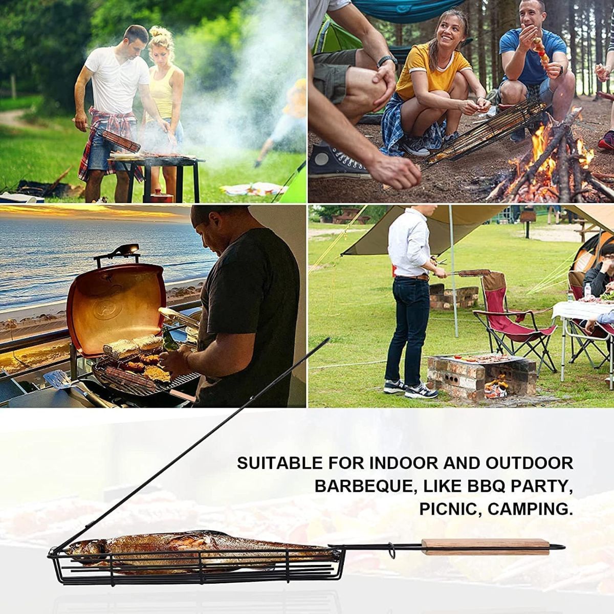 4 Pack BBQ Grill Basket for Home Foldable Non-Stick Barbecue Grill with Wooden Handle Powder Coated Stainless Steel Mesh Tandoori Chicken & Vegetable Griller Portable Outdoor Barbeque Tool for