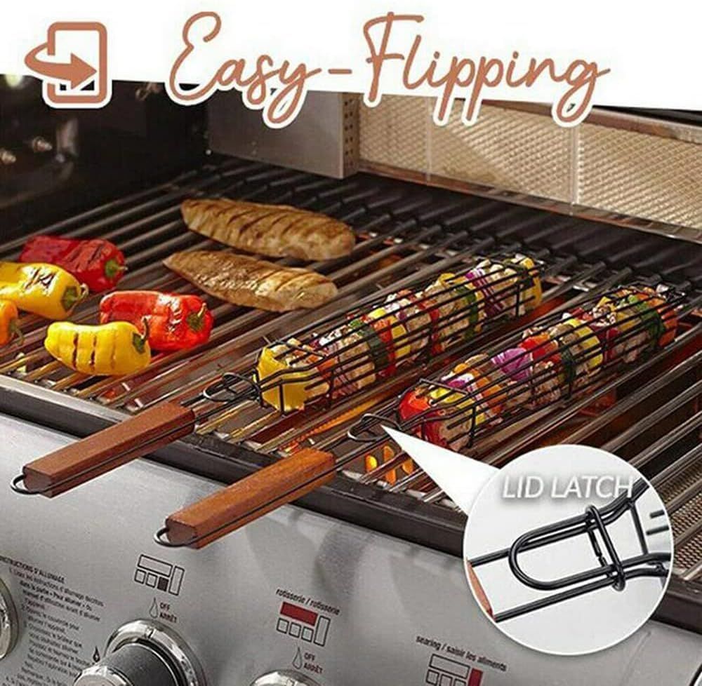 4 Pack BBQ Grill Basket for Home Foldable Non-Stick Barbecue Grill with Wooden Handle Powder Coated Stainless Steel Mesh Tandoori Chicken & Vegetable Griller Portable Outdoor Barbeque Tool for