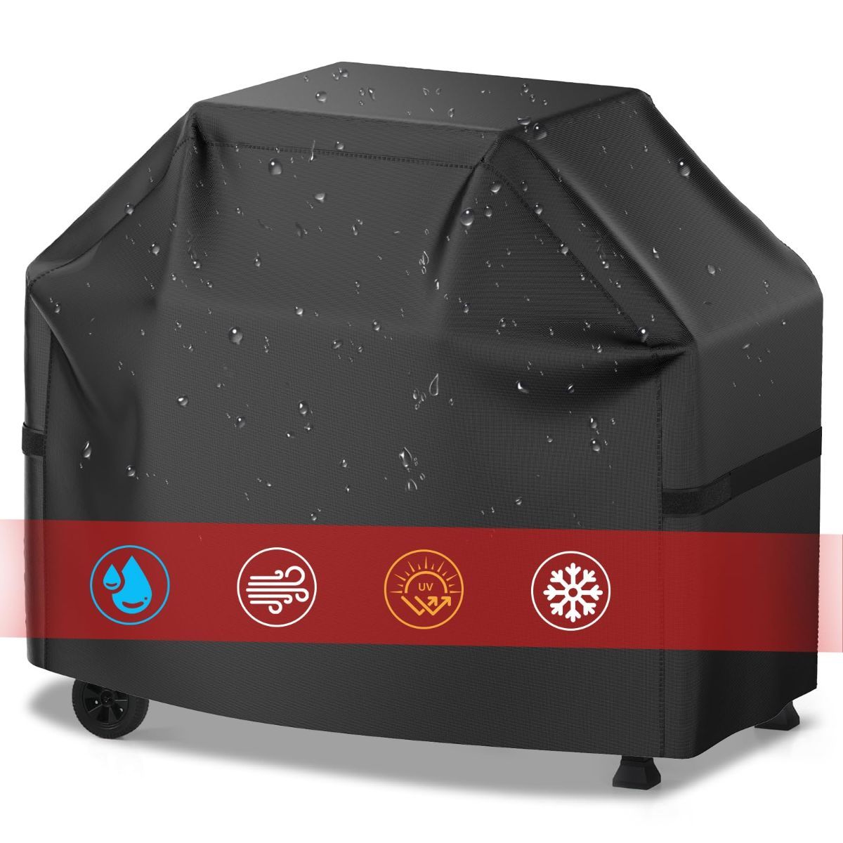 Grill Cover, 60 inch BBQ Gas Grill Cover for Outdoor Grill, Waterproof, Anti-UV, Rip-Proof, Fade Resistant Material, Barbecue Cover with Hook-and-Loop Straps & Adjustable Hem Drawstring - Black
