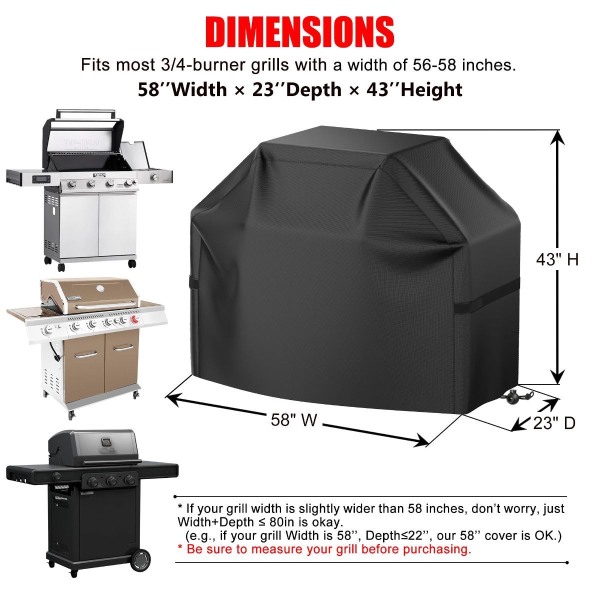 Grill Cover, 60 inch BBQ Gas Grill Cover for Outdoor Grill, Waterproof, Anti-UV, Rip-Proof, Fade Resistant Material, Barbecue Cover with Hook-and-Loop Straps & Adjustable Hem Drawstring - Black
