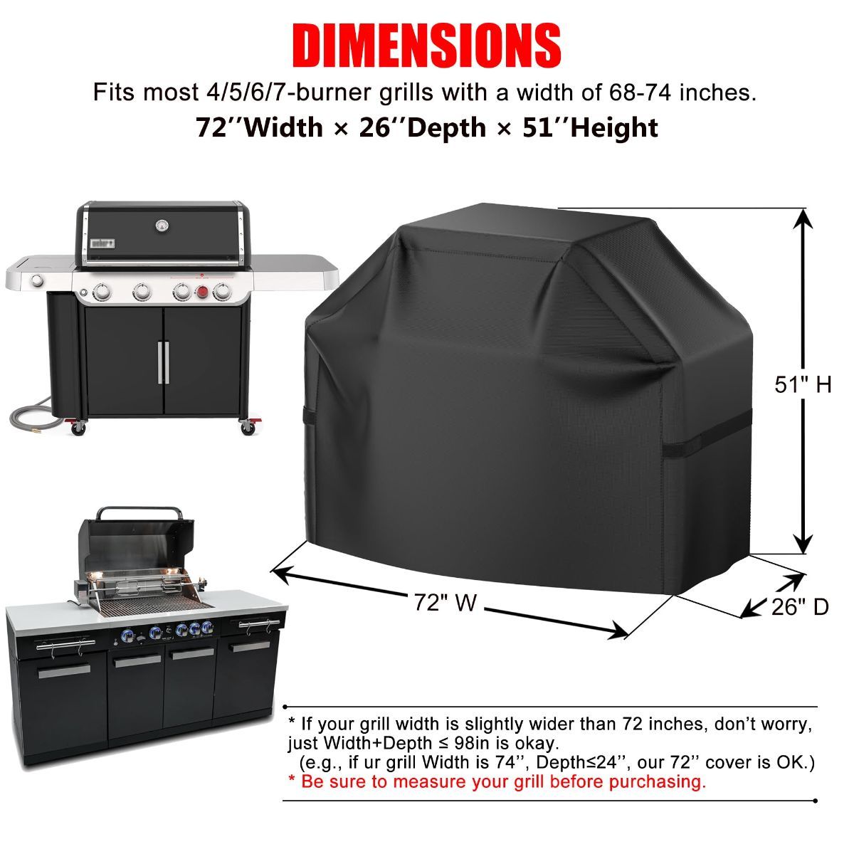 Grill Cover, 60 inch BBQ Gas Grill Cover for Outdoor Grill, Waterproof, Anti-UV, Rip-Proof, Fade Resistant Material, Barbecue Cover with Hook-and-Loop Straps & Adjustable Hem Drawstring - Black