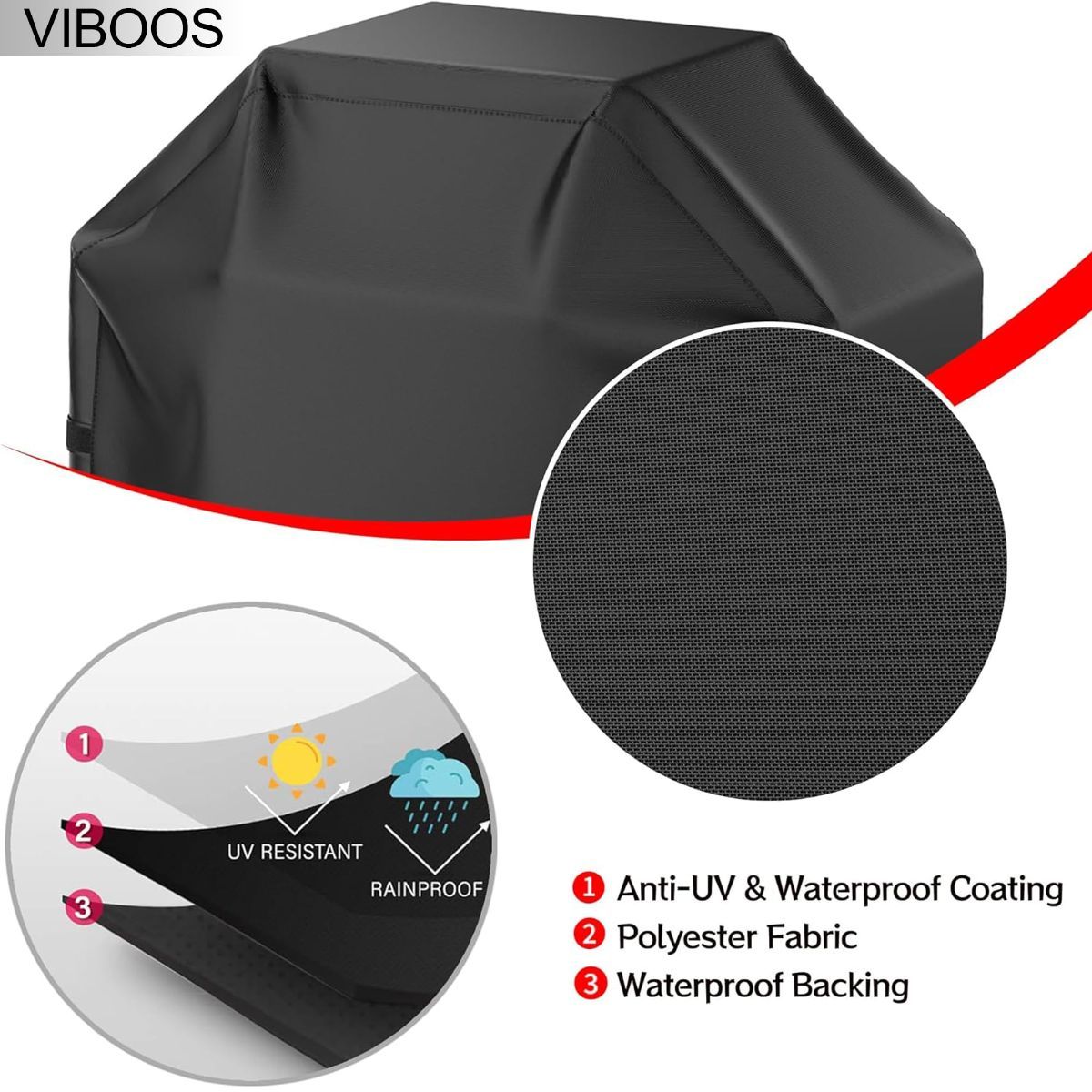 Grill Cover, 65 inch BBQ Gas Grill Cover for Outdoor Grill, Waterproof, Anti-UV, Rip-Proof, Fade Resistant Material, Barbecue Cover with Hook-and-Loop Straps & Adjustable Hem Drawstring - Black
