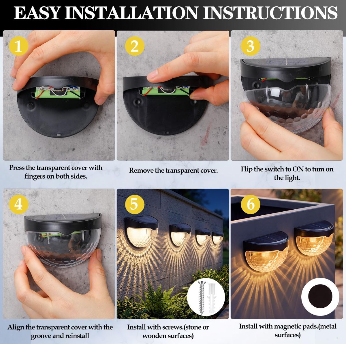 Raised Garden Bed Solar Lights Magnetic with Dusk to Dawn Sensors Wide Angle IPX4 Waterproof Solar Powered Lights Outdoor for Planter Raised Beds Garden Patio Yard Fence, Warm White - Black - Size 4 Pack