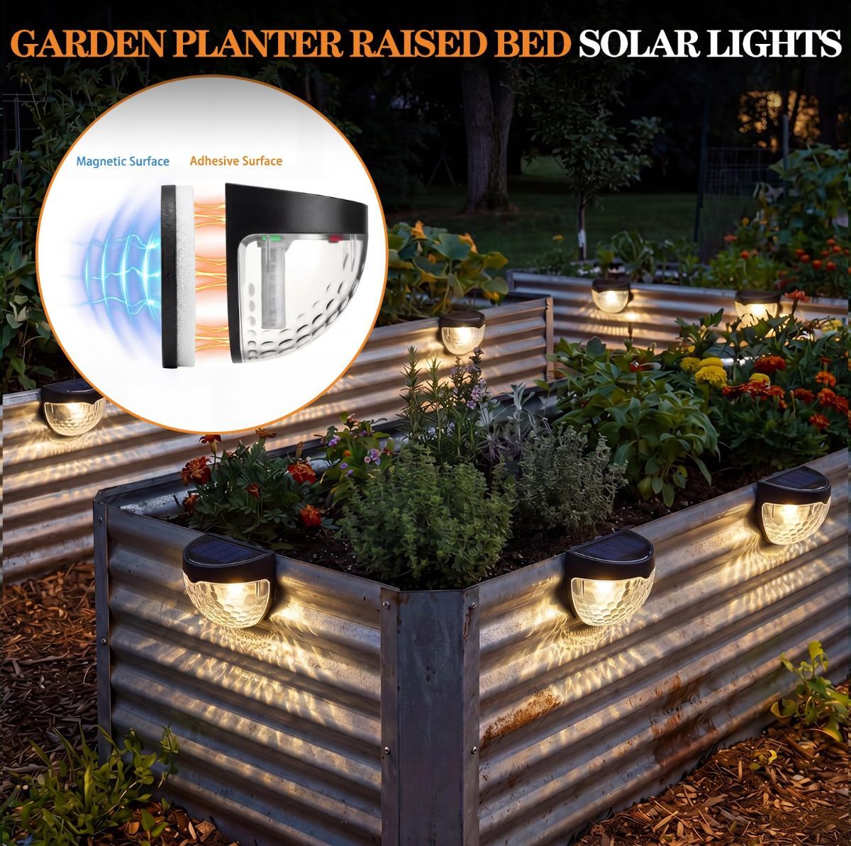 Raised Garden Bed Solar Lights Magnetic with Dusk to Dawn Sensors Wide Angle IPX4 Waterproof Solar Powered Lights Outdoor for Planter Raised Beds Garden Patio Yard Fence, Warm White - Black - Size 8 Pack