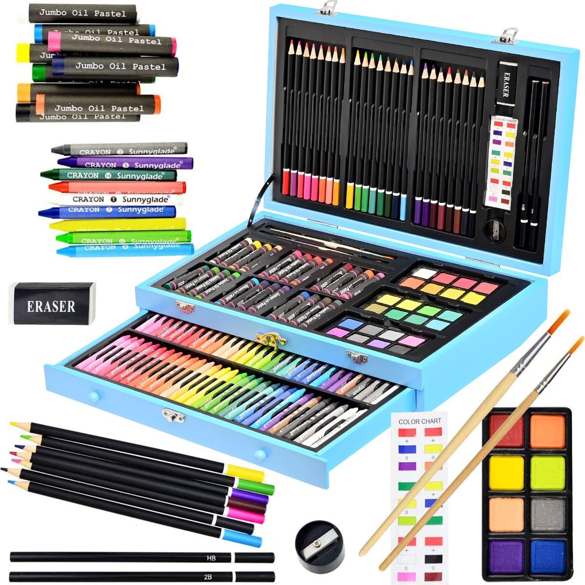 145 Piece Deluxe Art Set Wooden Art Box & Drawing Kit Blue Art Kit with Crayons, Oil Pastels, Colored Pencils, Watercolor Pans, Sketch Pencils, Brush, Sharpener, Eraser, Color Chart - Blue - Size 1Pack