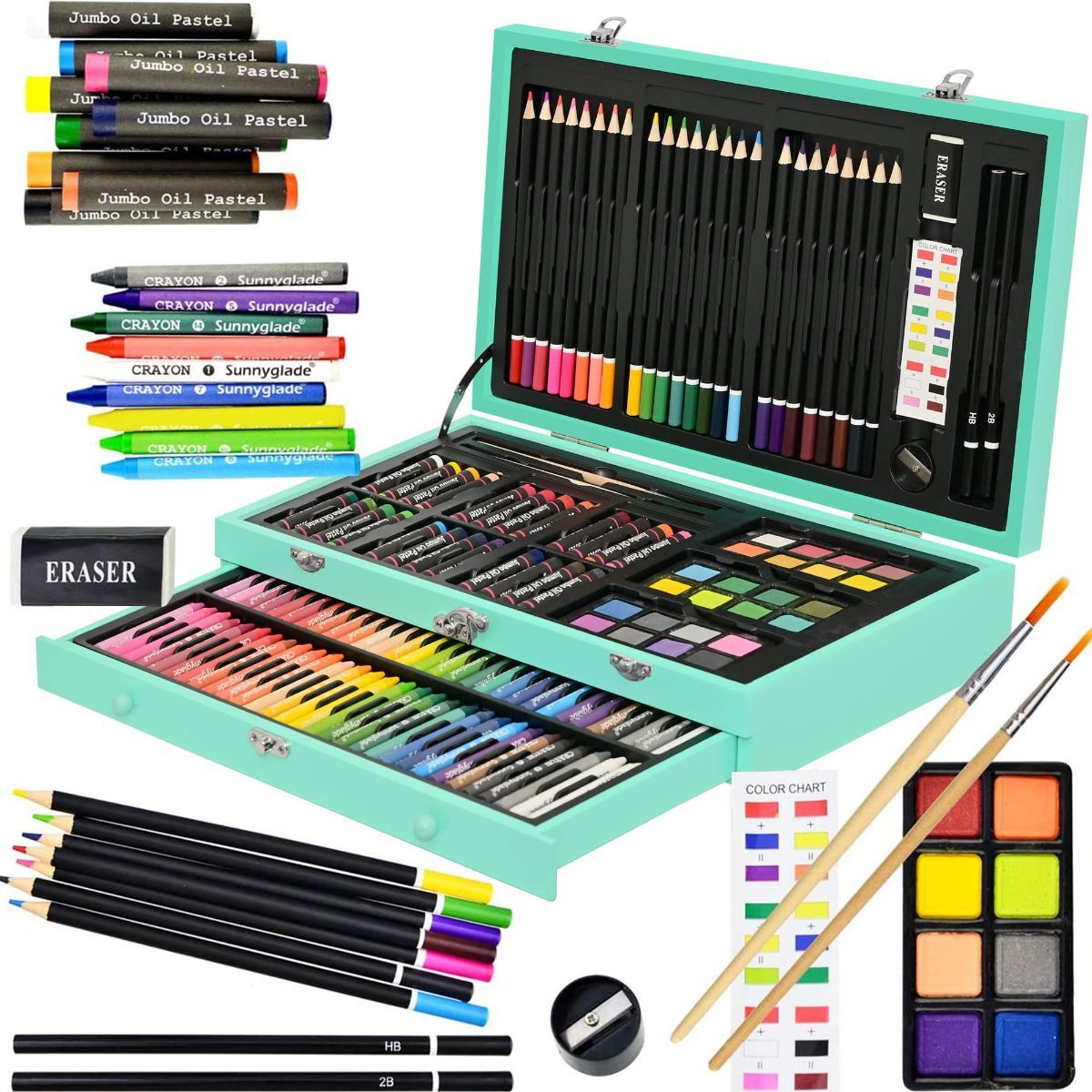 145 Piece Deluxe Art Set Wooden Art Box & Drawing Kit Blue Art Kit with Crayons, Oil Pastels, Colored Pencils, Watercolor Pans, Sketch Pencils, Brush, Sharpener, Eraser, Color Chart - Green - Size 1Pack