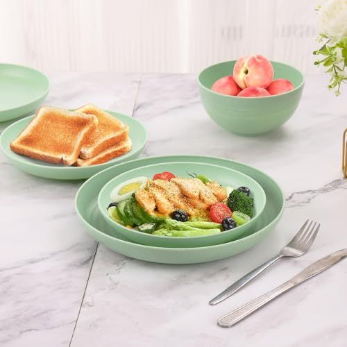 Camping Plates Cups and Bowls Set Green Reusable Microwave Safe Lightweight Unbreakable Plastic Dishes Set for Elderly Kitchen Adults Outdoor,32 Pcs Holiday Dinnerware Sets for 8 - Black - Size 32Pcs