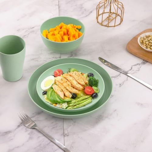 Camping Plates Cups and Bowls Set Green Reusable Microwave Safe Lightweight Unbreakable Plastic Dishes Set for Elderly Kitchen Adults Outdoor,32 Pcs Holiday Dinnerware Sets for 8 - Black - Size 32Pcs