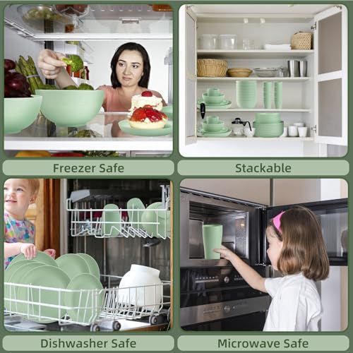 Camping Plates Cups and Bowls Set Green Reusable Microwave Safe Lightweight Unbreakable Plastic Dishes Set for Elderly Kitchen Adults Outdoor,32 Pcs Holiday Dinnerware Sets for 8 - Blue - Size 32Pcs