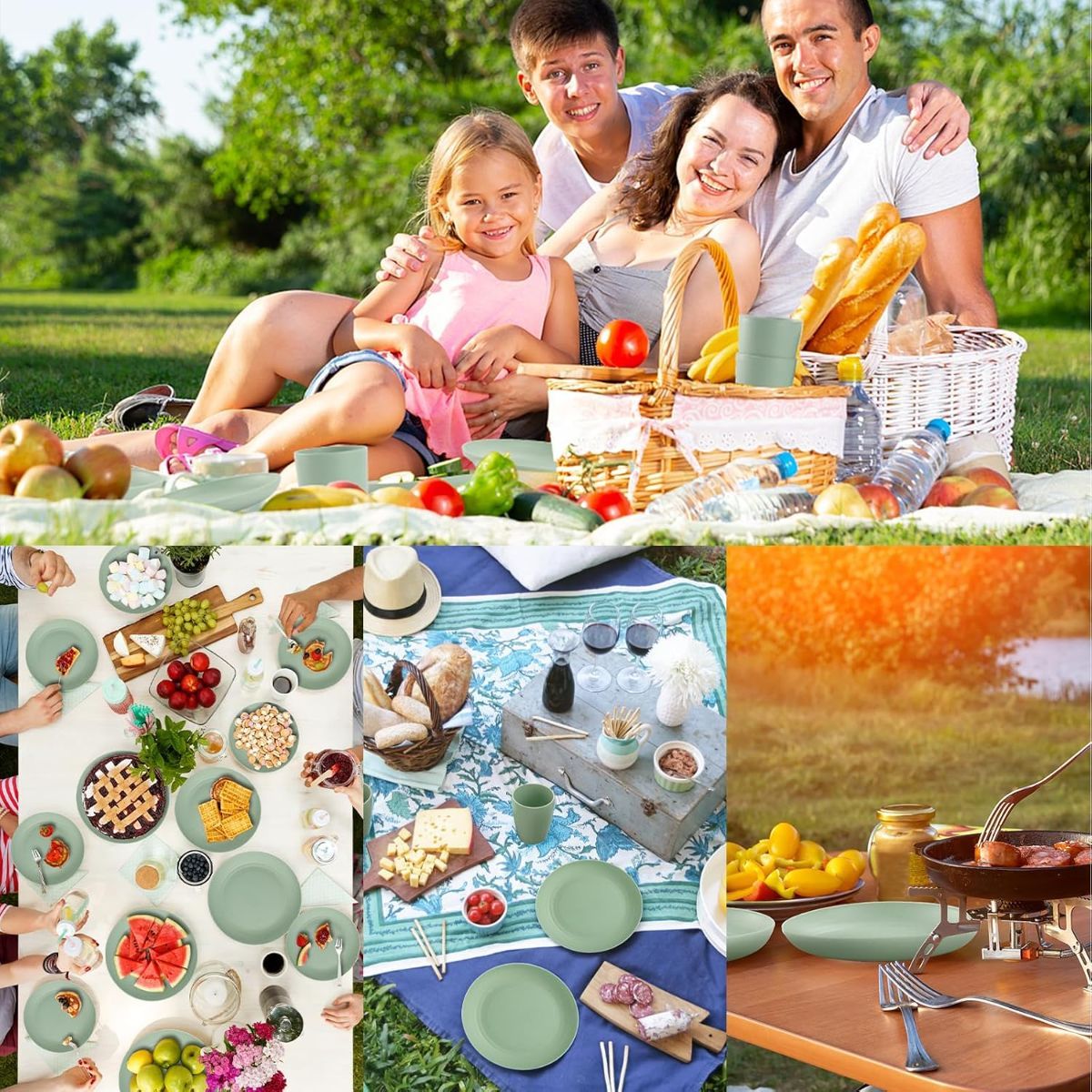 Camping Plates Cups and Bowls Set Green Reusable Microwave Safe Lightweight Unbreakable Plastic Dishes Set for Elderly Kitchen Adults Outdoor,32 Pcs Holiday Dinnerware Sets for 8 - Green - Size 32Pcs