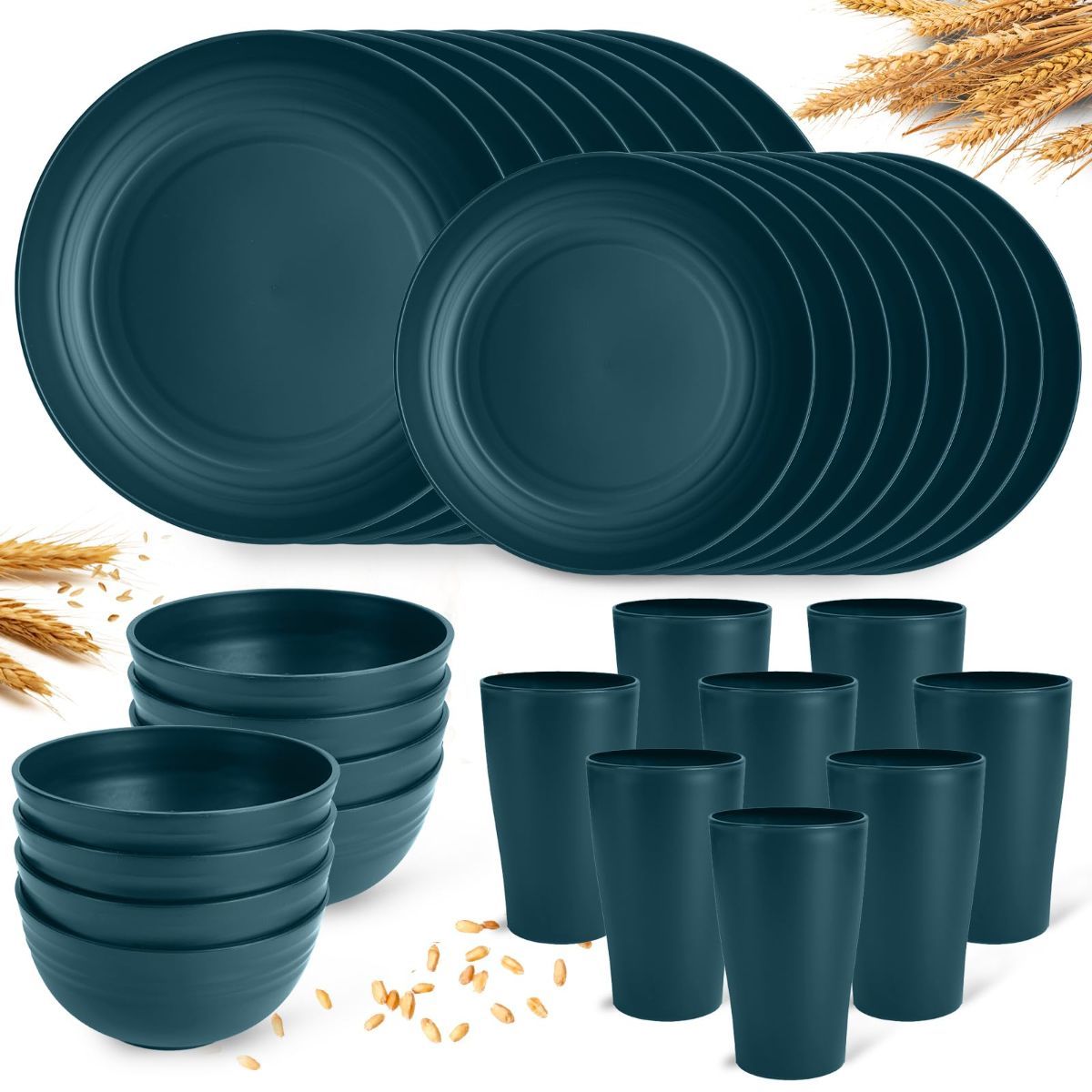 Camping Plates Cups and Bowls Set Green Reusable Microwave Safe Lightweight Unbreakable Plastic Dishes Set for Elderly Kitchen Adults Outdoor,32 Pcs Holiday Dinnerware Sets for 8 - Green - Size 32Pcs
