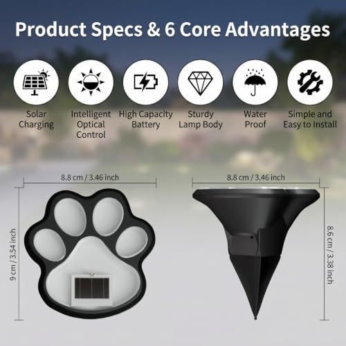 8Pack Paw Solar Lights Outdoor, Cute Dog Paw Solar Lights with 1 LED, Dual White & Warm Light IP65 Waterproof Solar Paw Print Lights for Lawn, Path, Garden Yard Decor - Warm White