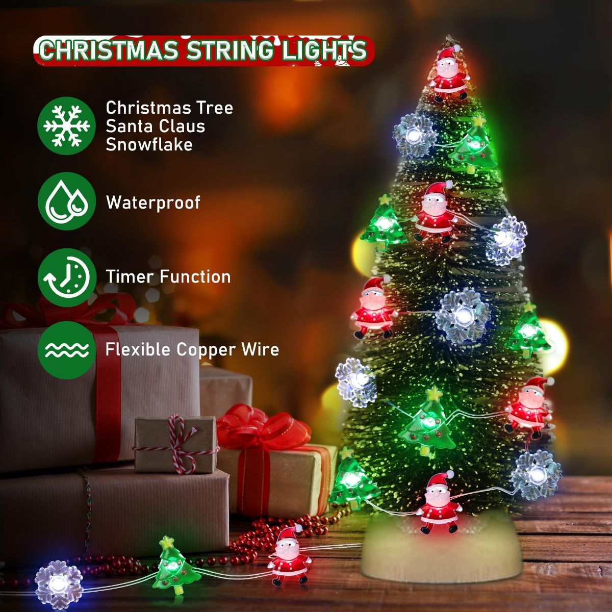 Christmas Lights Decorations, 10 FT 30 LED Battery Operated Christmas Tree Santa Snowflake String Lights, 2 Modes Waterproof Xmas Fairy Lights for Home Party Indoor Outdoor Decor