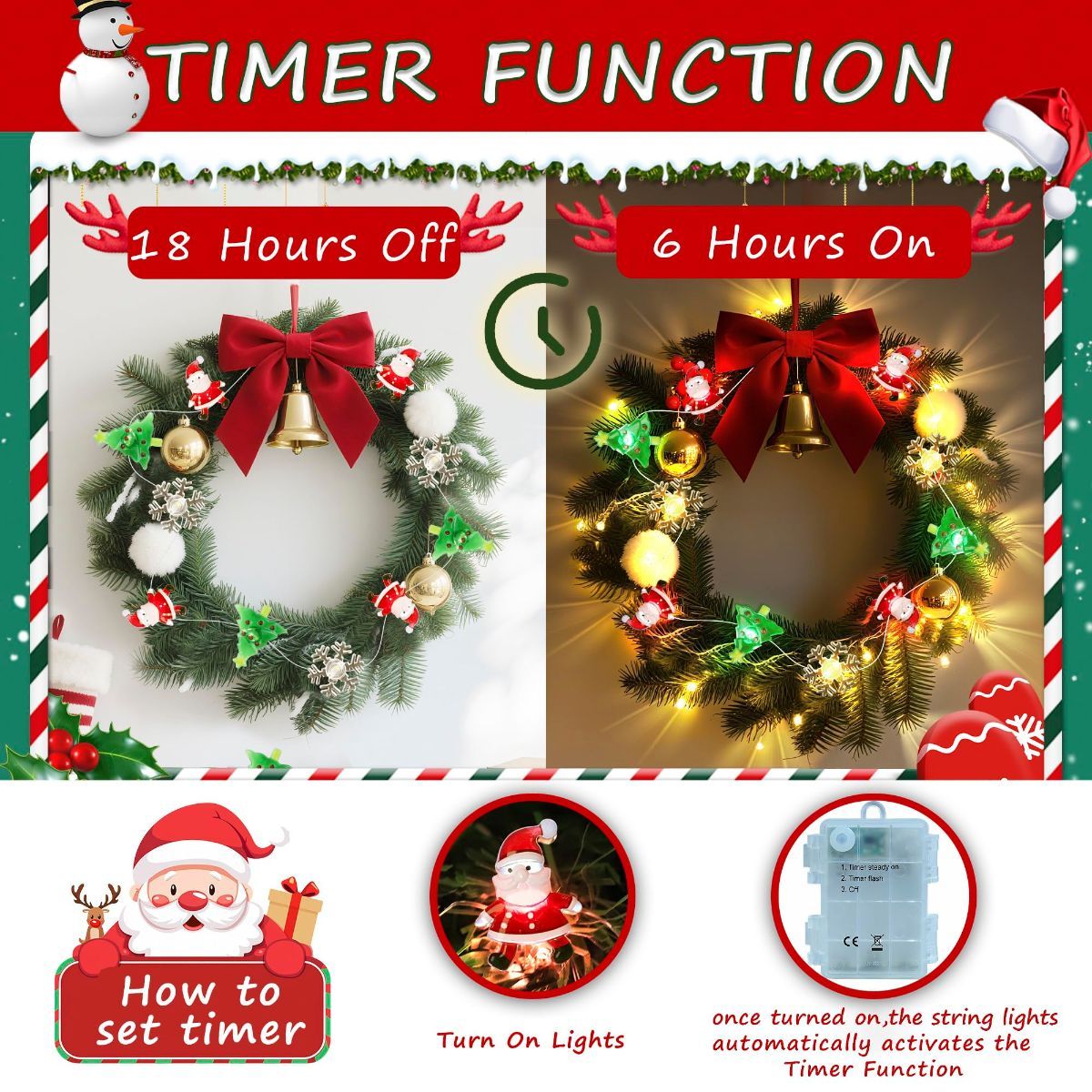 Christmas Lights Decorations, 10 FT 30 LED Battery Operated Christmas Tree Santa Snowflake String Lights, 2 Modes Waterproof Xmas Fairy Lights for Home Party Indoor Outdoor Decor