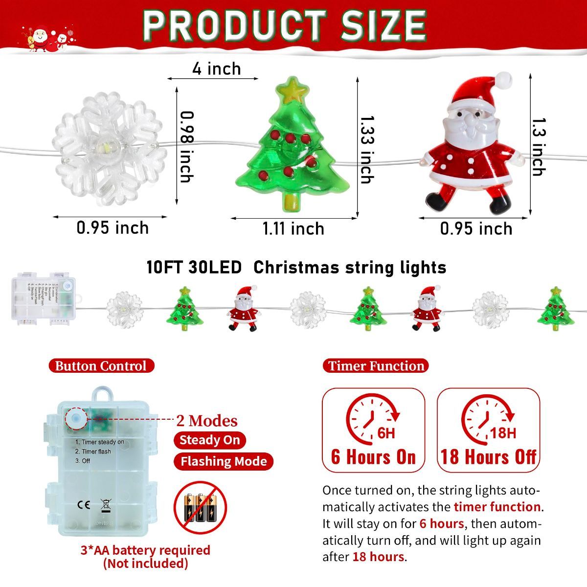 Christmas Lights Decorations, 10 FT 30 LED Battery Operated Christmas Tree Santa Snowflake String Lights, 2 Modes Waterproof Xmas Fairy Lights for Home Party Indoor Outdoor Decor