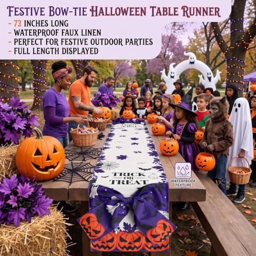 Halloween Table Runner 72 in with Big Bows Spillproof Pumpkin Ghost Spill-proof/Water-resistant,3D Statement Bow-Knot,Premium Heavyweight Fabric,Spillproof Coating & Outdoor Ready - Multi - Size A