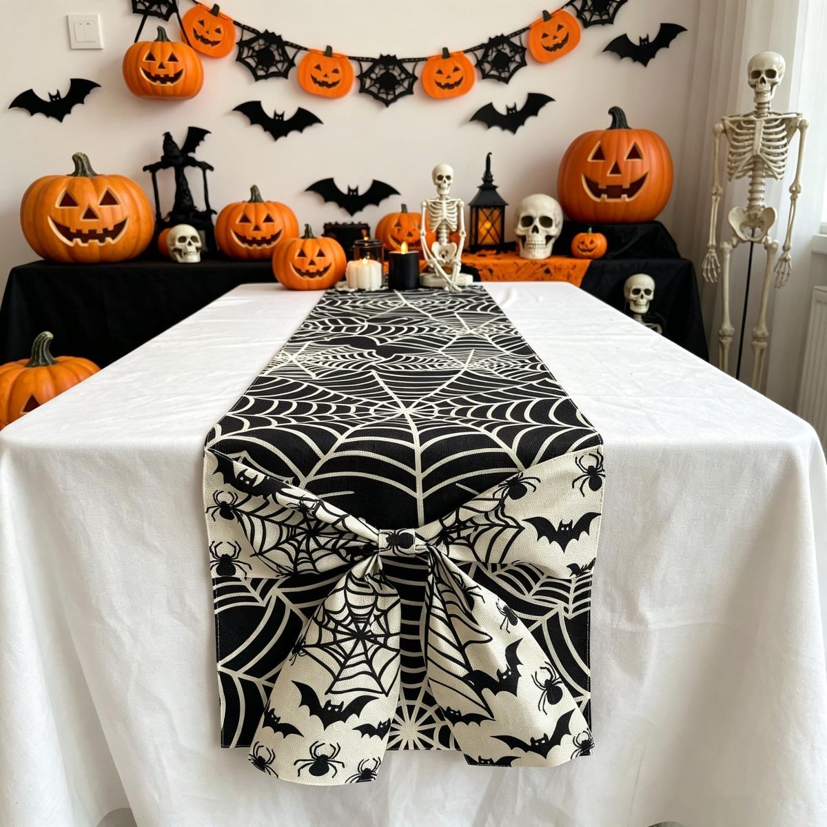 Halloween Table Runner 72 in with Big Bows Spillproof Pumpkin Ghost Spill-proof/Water-resistant,3D Statement Bow-Knot,Premium Heavyweight Fabric,Spillproof Coating & Outdoor Ready - Multi - Size A