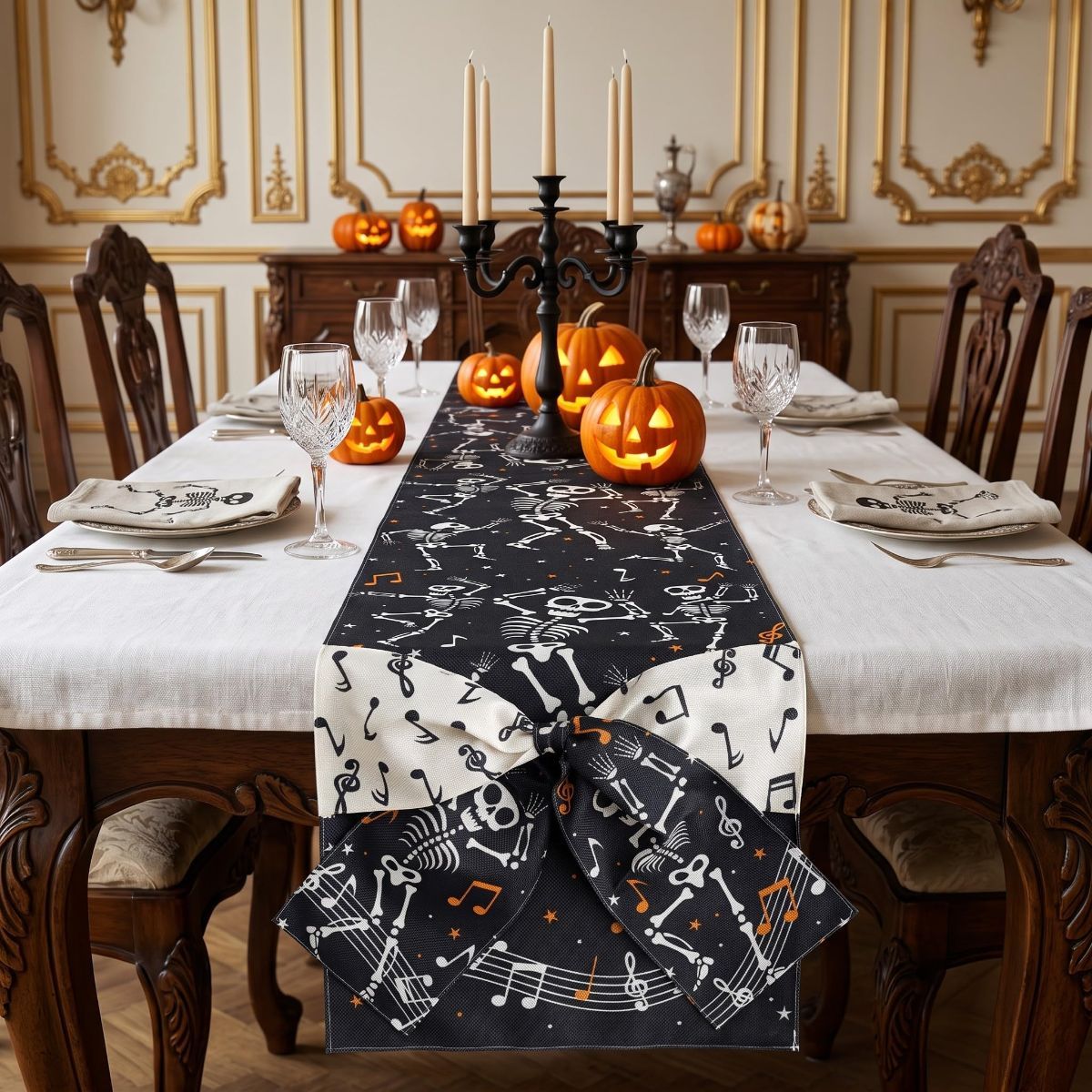 Halloween Table Runner 72 in with Big Bows Spillproof Pumpkin Ghost Spill-proof/Water-resistant,3D Statement Bow-Knot,Premium Heavyweight Fabric,Spillproof Coating & Outdoor Ready - Multi - Size C