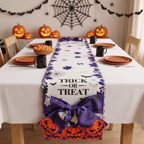 Halloween Table Runner 72 in with Big Bows Spillproof Pumpkin Ghost Spill-proof/Water-resistant,3D Statement Bow-Knot,Premium Heavyweight Fabric,Spillproof Coating & Outdoor Ready - Multi - Size C
