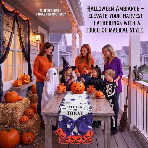 Halloween Table Runner 72 in with Big Bows Spillproof Pumpkin Ghost Spill-proof/Water-resistant,3D Statement Bow-Knot,Premium Heavyweight Fabric,Spillproof Coating & Outdoor Ready - Multi - Size C