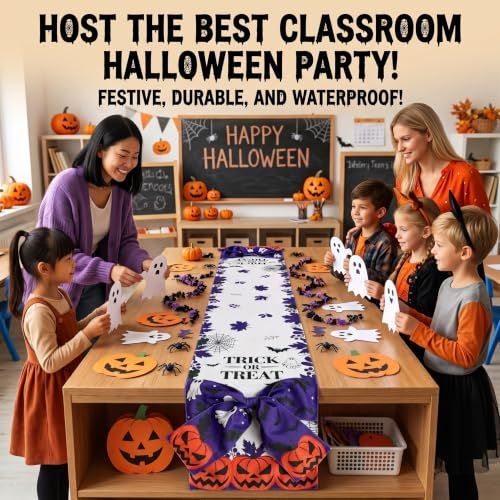 Halloween Table Runner 72 in with Big Bows Spillproof Pumpkin Ghost Spill-proof/Water-resistant,3D Statement Bow-Knot,Premium Heavyweight Fabric,Spillproof Coating & Outdoor Ready - Multi - Size C